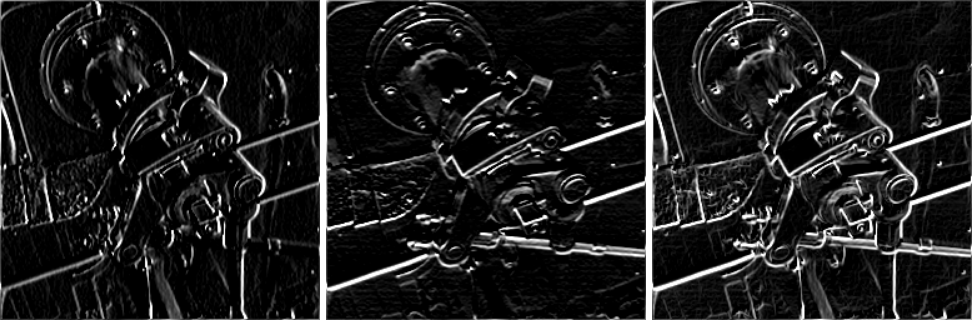 Tiga gambar, dari kiri ke kanan, hasil filter Sobel horizontal, vertikal, dan magnitudonya